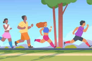 An illustration of four individuals running outside is shown. It appears to be a sunny day.