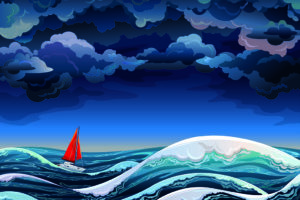 An illustration of a red sailboat in a storm is shown.